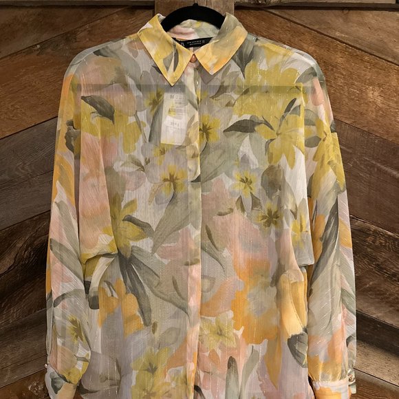 ZARA Floral Blouse With Metallic Thread - Picture 1 of 3